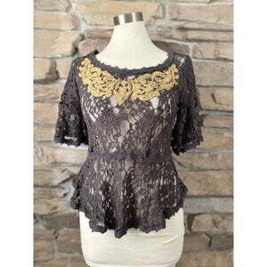 Free People La Cienega Lace Top Sz S Sheer Gray Peplum Flutter Sleeve Boho Chic